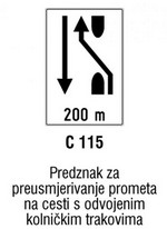 Predznak za preusmjeravanje prometa na cesti s odvojenim kolničkim trakovima