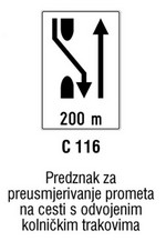 Predznak za preusmjeravanje prometa na cesti s odvojenim kolničkim trakovima