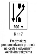 Predznak za preusmjeravanje prometa na cesti s odvojenim kolničkim trakovima